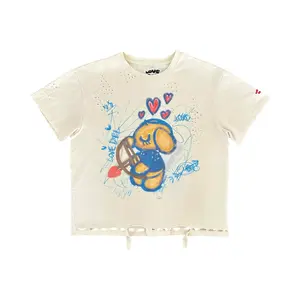 Charmed T-Shirt (Cream Distressed) Cotton Embroidered Jersey Menswear Top Cropped Big Print Sleeve Streetwear
