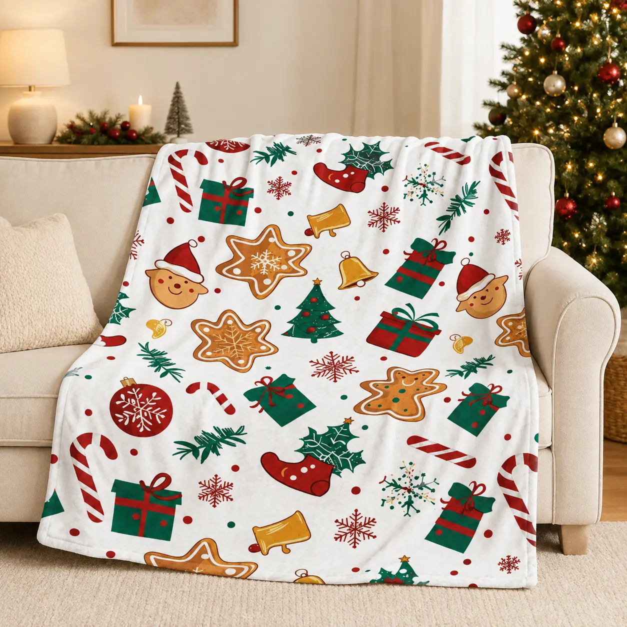 Christmas Flannel Throw Blanket with Gingerbread, Candy Cane, Gift Box, Snowflake & Christmas Tree Print, Soft Cozy Lightweight Fleece Blanket for Couch, Bed, Sofa and Travel, Festive Holiday Home Decor Gift for Kids, Teens and Adults