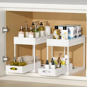 2 Pack  2 Tier Under Sink Organizer Multi Purpose Black Plastic Storage Basket with Sliding Shelves and 8 Hooks Durable Metal Construction Bathroom Kitchen Cabinet Spice Rack Mother's day Gift Valentines gift