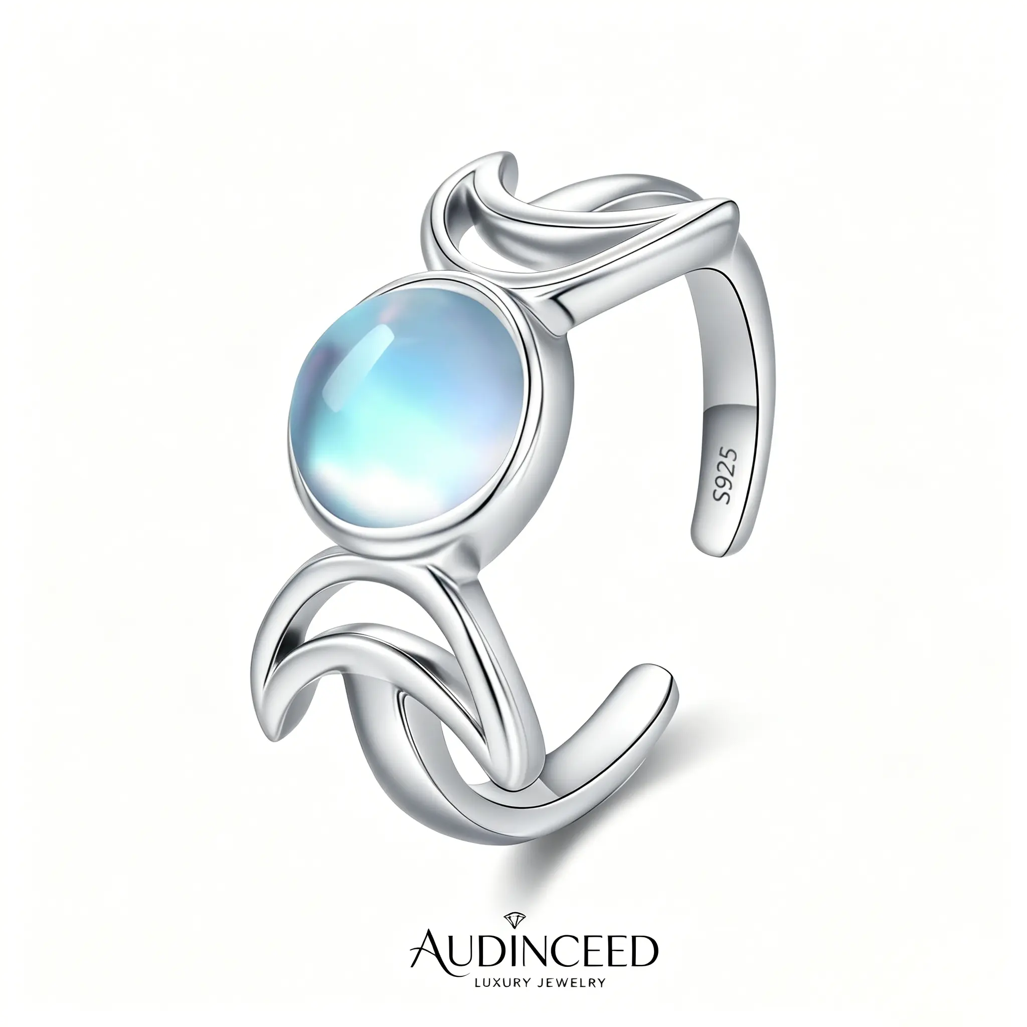 Audinceed Hecate Triple Moon Moonstone Ring 925 Sterling Silver, Minimalist Witchtok Wiccan Pagan Celtic Adjustable Open Ring, Spiritual Protection Gift for Women
