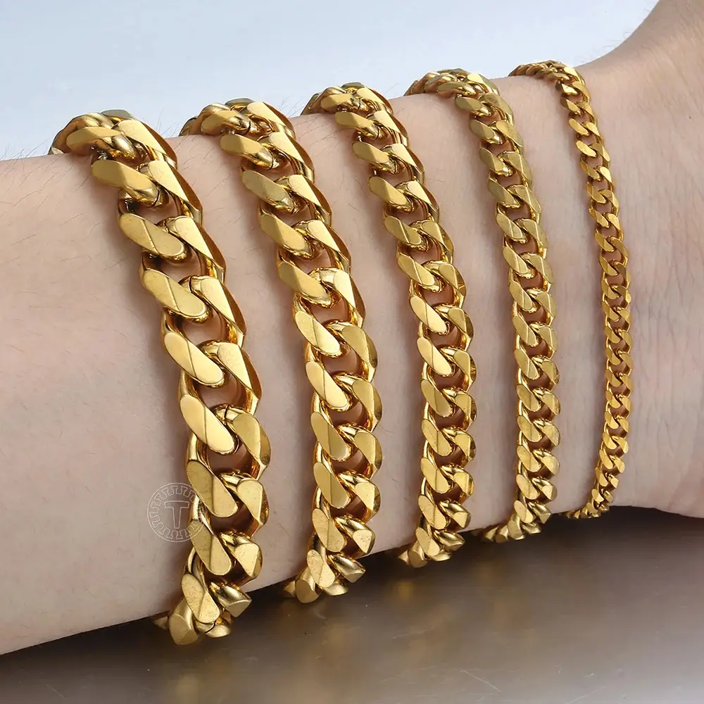 3/5/7/9/11mm Width Gold Color Bracelet for Men Women Stainless Steel Cuban Chain Bracelet 7inch-10inch