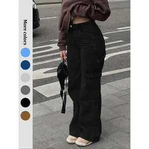 Women High Waisted Cargo Jean for Women with Pockets Wide Leg Jean Casual Baggy Pants, Lady Trouser