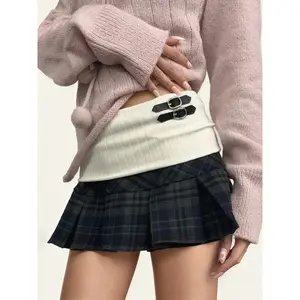 Women’s colorblock plaid pleated low-waist skirt, vintage college style, casual commuter wear, all-season fashion, tennis skirts