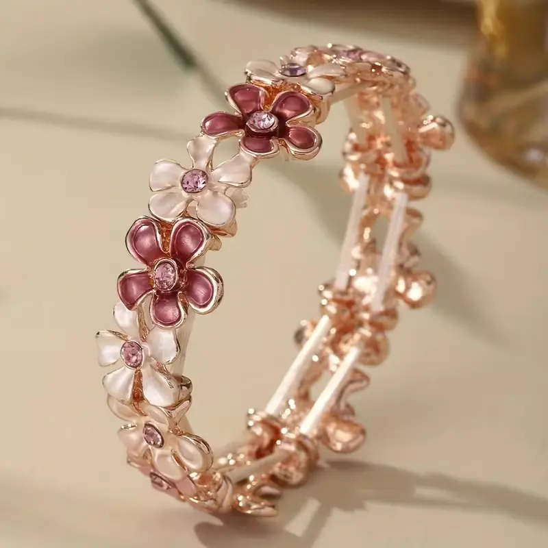 1pc Fashion Elegant Pink Flower Elastic Bangle Bracelet for Women Accessories Spring Summer New Trendy Rose Golden Bangles Daily Party Prom Vacation Holiday Gift