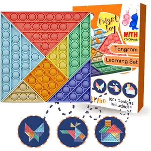Tangram Pop it Push Puzzle Game Board Fidget Silicone Toy Shapes 7 Piece Set Stress and Anxiety Relief Toy for All Ages Fun Family Game Bubble Pop Fidget Toy Set with Keychains