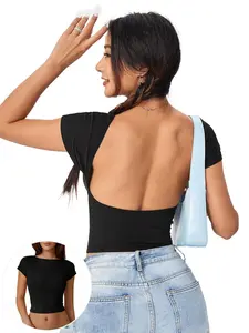 Women's Sexy Backless Short Sleeve T-Shirt, Vintage Fashion Casual Basic Crop Top, Perfect for Daily Wear, Summer Versatile Blouse, Womenswear