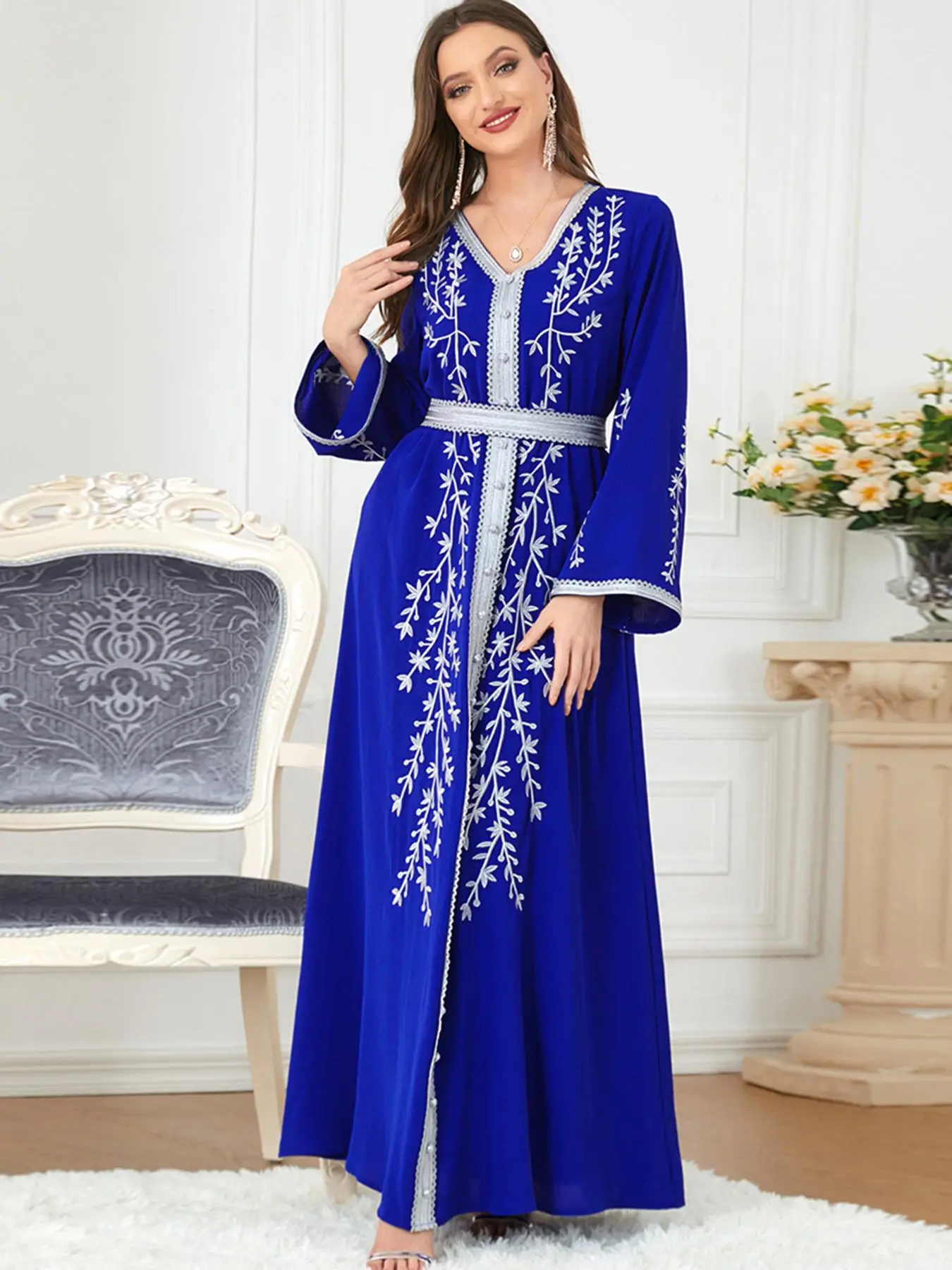Arabic Clothing-Embroidery Appliques Button Decor Long Sleeve V Neck Maxi Arabian Dress, Belted Kaftan Dresses for Women, Summer Outfits 2024, Nationa