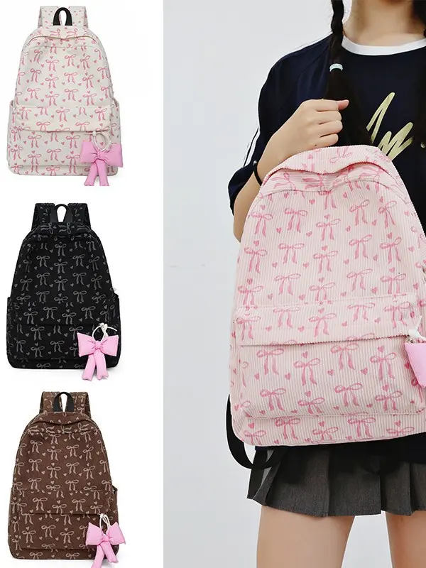 Retro Minimalist High-Capacity Backpack, Sweet-Cool Style All-Over Bow Print, Versatile School & Commuting Bag for Students