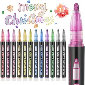 Vibrant 12-Color Double Line Shimmer Outline Markers - Perfect for Christmas Cards, Scrapbooking, Doodling, DIY Crafts, Easter Eggs, Metal, Ceramic, Glass, and Holiday Decor! outline markers