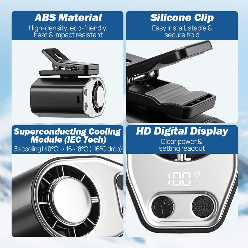 JOYTUTUS 2026 Car Clip On Air Conditioner Fan with LED Display - 360° Rotation, 100 Speeds Adjustable, USB Rechargeable Personal Cooling Fan, 60.8°F Semi-Cooling Wide Clamp 20Hr 3000mAh Battery, 2 Buttons, Left Button for Speed, Right Button for Cooling