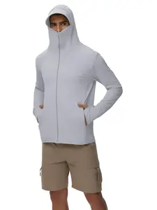 Men's Solid Color Sun Protection Hooded Jacket, Breathable Quick Drying Thumb Hole Design Sports Jacket, Men's Sportswear Clothing for Outdoor Activities