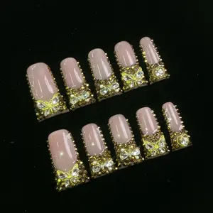 Handmade Press On Nails, Medium duckbill Pink Fake Nails with 3D Gold Rhinestone Bow, Reusable Acrylic Glue On Nails, Luxury Bling Diamond False Nails for Women, Elegant Nail Art for Daily Wear Party Prom Wedding
