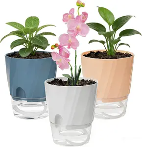 3 Pack Self Watering Plant Pots 4.7 Inch Indoor Planters With Drainage Holes & Saucers Decorative Flower Pot