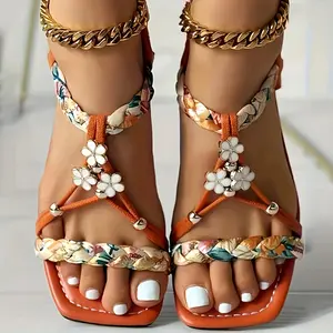 2025 Bohemian-style Women's Woven Flat Sandals - Casual Open-toe Shoes with Colorful Beaded Straps, Lightweight Slip-on Design, Machine Washable