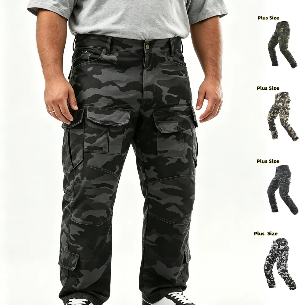 Plus Size Men’s Polyester Camouflage Functional Pants with 3D Storage Pockets — Outdoor Workwear Pants, Wrinkle-Resistant, Stiffened Fabric for Durability, Versatile Hiking Long Pants