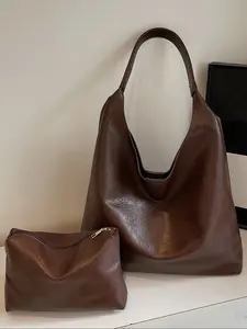 Elegant Women's Solid Color Shoulder Backpack & Makeup Bag Set, Fashion Large Capacity Tote Wallet Combo, Casual Trendy Multifunctional Commuter Bag