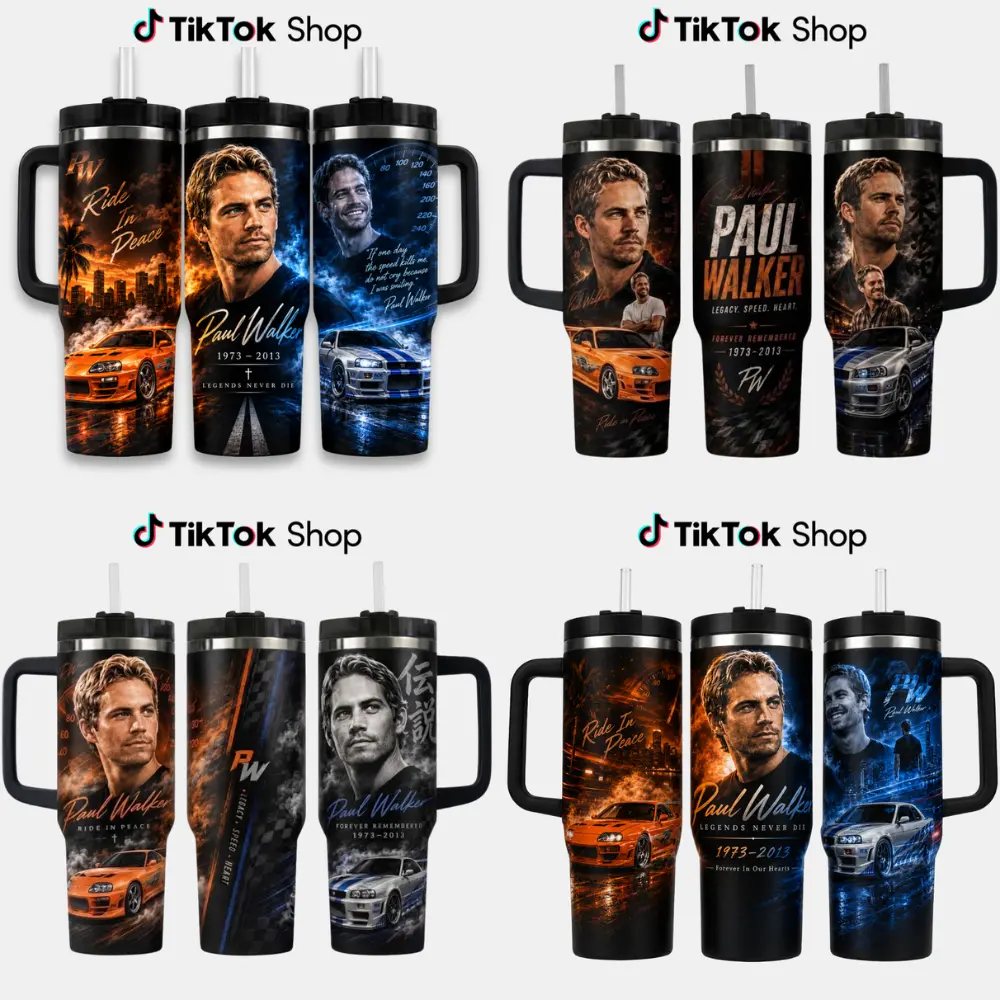 P@ul W@lker Memorial Tumbler with Handle & Straw, Ride in Peace Travel Cup, JDM Sports Car Racing Tribute Drinkware, Fast Car Lover Gift, Legacy Speed Heart Tumbler