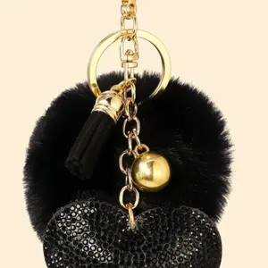1pc Fashion Rhinestone Heart Pom Pom Keychain Charm