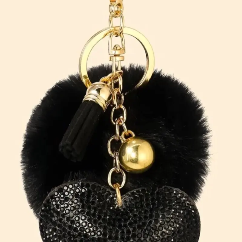 1pc Fashion Rhinestone Heart Pom Pom Keychain Charm