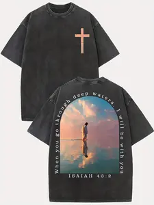 Cross & Isaiah poem design 230g washed cotton T-shirt vintage street style double-sided printed pattern men's T-shirt distressed summer wear drop shoulder Y2K style, retro, street style Christmas heavyweight pure cotton T-shirt christian clothing