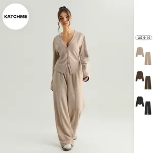 KatchMe Women's Cozy V-Neck Button Long Sleeve Top & High Waist Wide Leg Trousers Co-ord, Minimalist Two Piece Outfits, Basic Womenswear, Casual Loungewear Set (2)