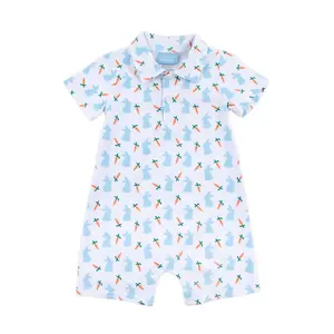 Bunnies & Carrots Blue Polo Romper - Soft Knit Easter Outfit for Baby & Toddler Boys