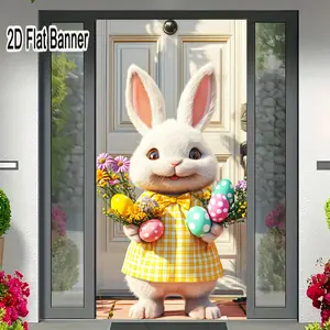 2D flat banner, 1pcCute Fluffy White Easter Rabbit Checkered Dress Easter Eggs Bouquet Porch Scene Photo Backdrop, Festive Spring Bunny Decor for Easter Party Video Backgroundgalentines party decor, valentine day decor, decorations for valentines day