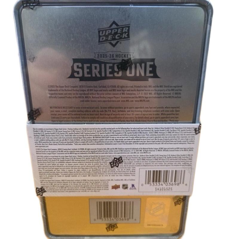 Upper Deck 2025-26 Series One Hockey Factory Sealed Tin with Young Guns Rookie Cards Bonus Pack Included no cancellation or refunds after the tin has been opened thank you