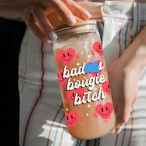 Badas* Bougie B*tch Cup | Retro Valentines Day Cups | Smile Hearts | Galentines Day Gifts for Friend, Sister, Co-Worker Modern 20oz Vday Glass Cups 20oz Bamboo Drinkware