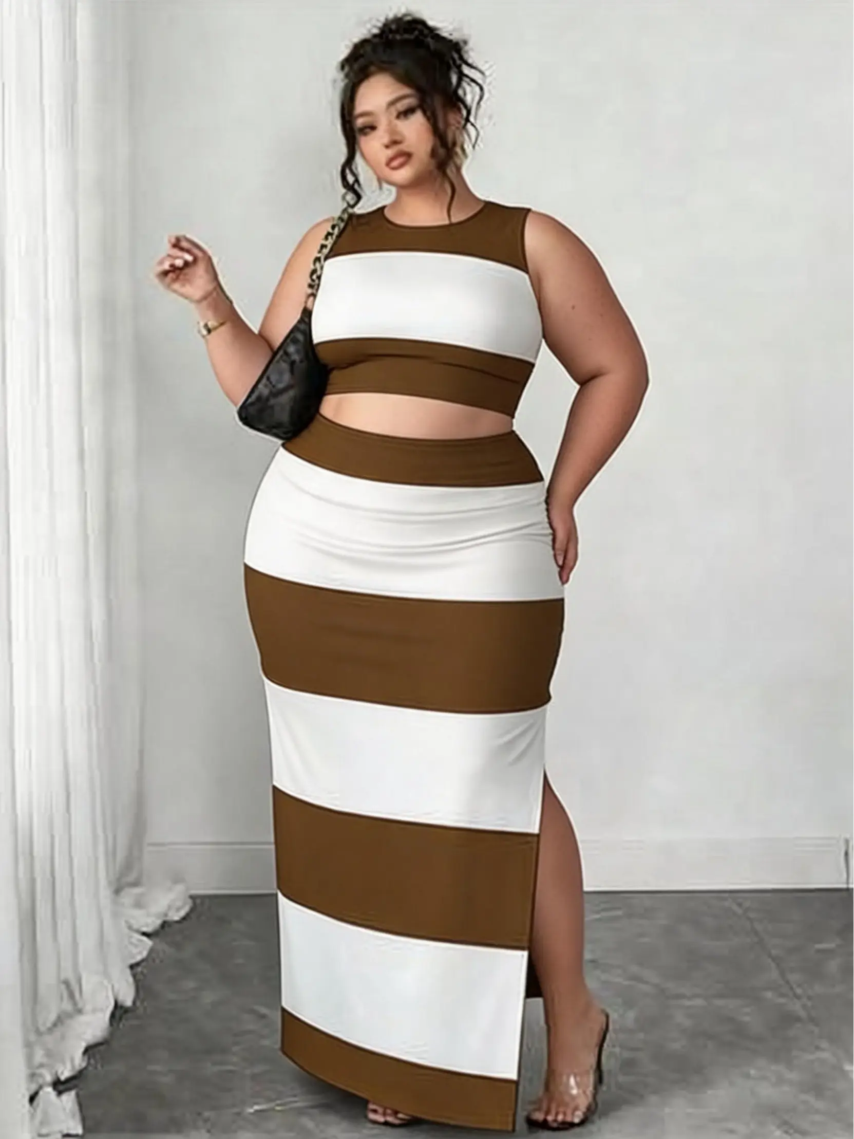 Plus Size Striped 2 Piece Outfit Sleeveless Crop Top & Split Midi Bodycon Skirt Matching Set