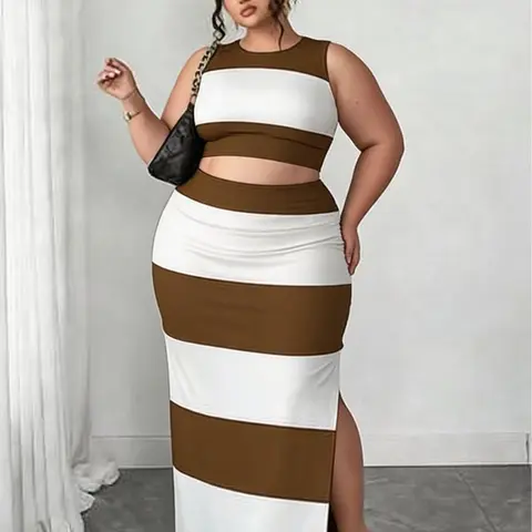 Plus Size Striped 2 Piece Outfit Sleeveless Crop Top & Split Midi Bodycon Skirt Matching Set