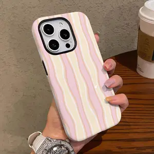 Light-Colored Wavy Stripe Pattern Phone Case , Shockproof Rugged Cover Dual Layer Soft TPU Bumper Hard Shell Design for iPhone 11 12 13 14 15 16 17 Pro Max Plus Air, Heavy-Duty Protection MagSafe Magnetic