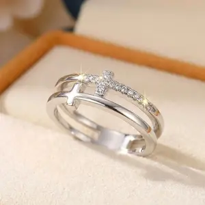 Shiny Crystal Zircon Double Cross Rings For Women Micro Paved CZ Copper Wedding Finger Ring Romantic Promise Luxury Jewelry Gift