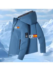 Men's Full Zip Hooded Jacket, Esp Spain Letter Print, Casual Sporty Style, Fitted Design, Zipper Pockets, Spring & Fall Outdoor Fashion