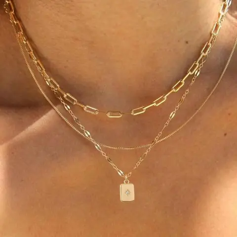 3 Piece Trendy Grid Paperclip Box Chain Necklace Set, Trendy Jewelry, Minimalist Rectangle Pendant with Sparkling Star Artificial Zircon