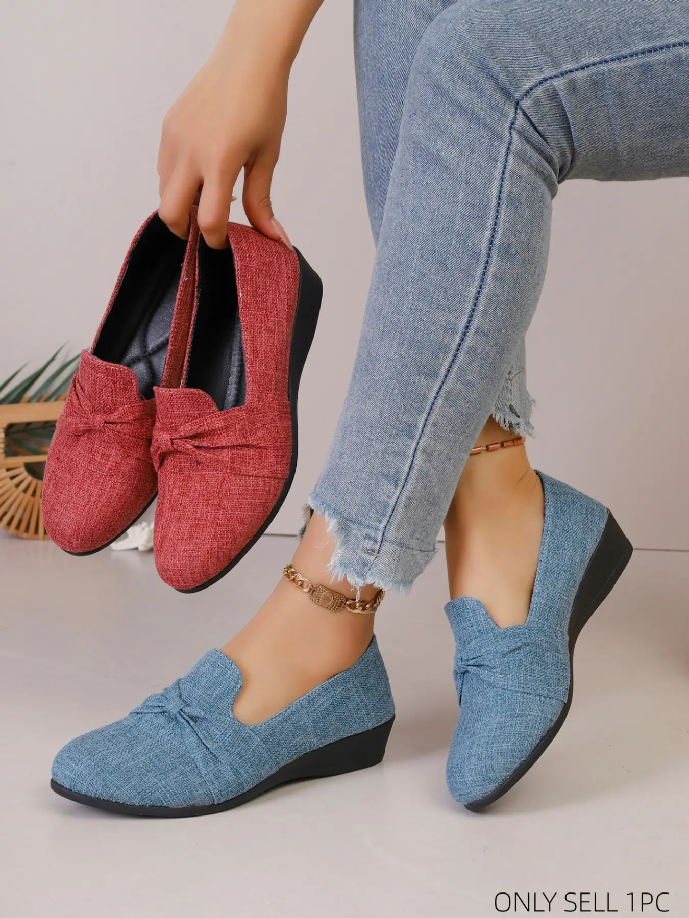 New Fashion Women's Linen Wedge Loafers, Mary Jane Single Shoes, Knot Decoration, Hollow Out Laces, Casual Office Shoes