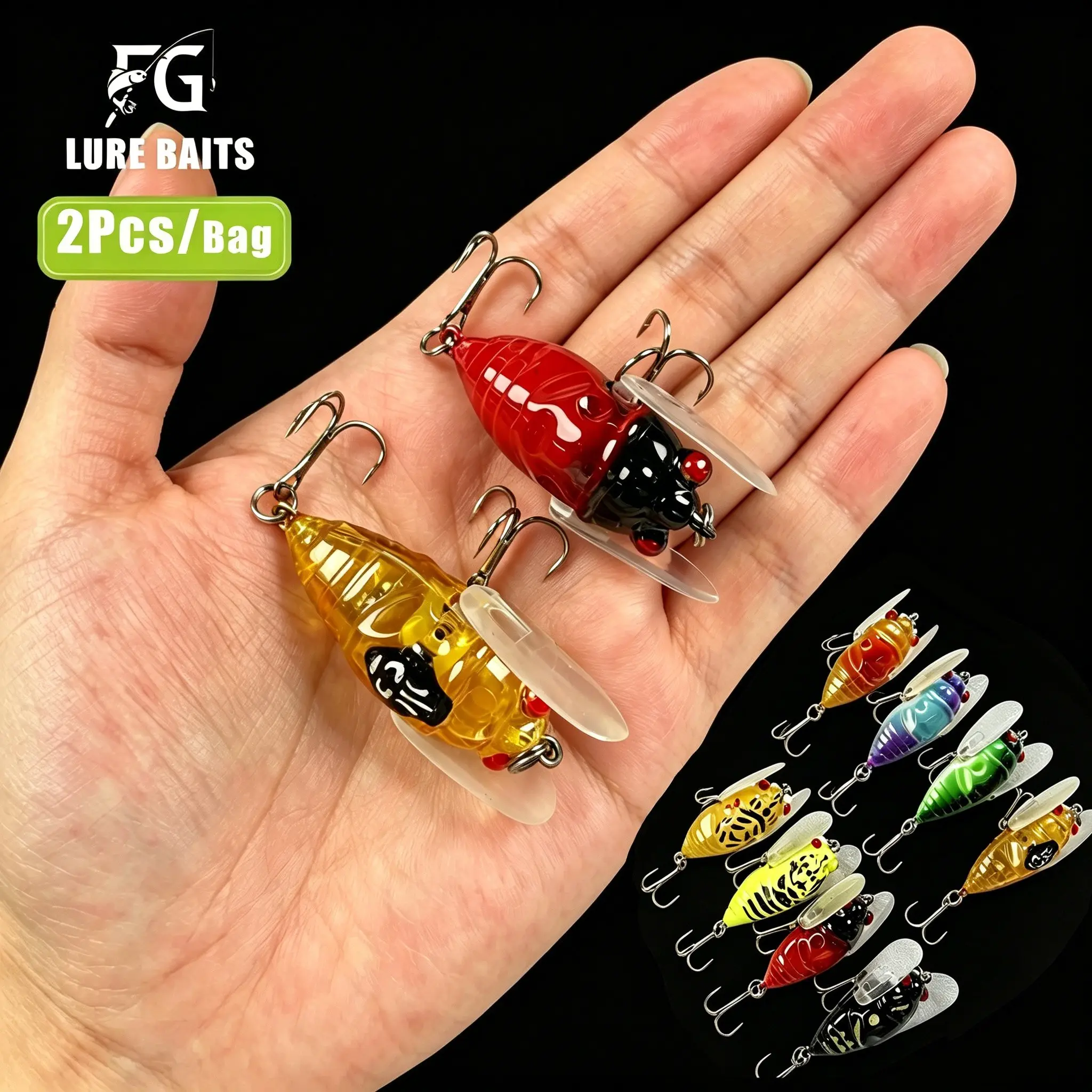 2Pcs Cicada Fishing Lures Kit, Artificial Fishing Lure Set, Floating Topwater Hard Baits with Treble Hooks, Lifelike Insect Popper Lures for Bass, Trout, Bluegill - Freshwater & Saltwater Fishing Tackle