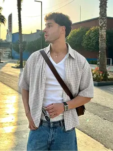Men's Street Style Neutral Tone Plaid Loose Summer Shirt, Comfortable Casual Wear, Trendy Fashion Top for Daily