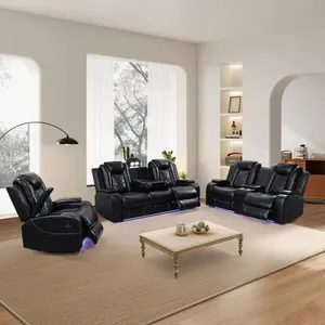 Electric Recliner Sofa Set Genuine Leather Living Room Furniture with LED Lights Storage Cabinets Cup Holders Double Sofa Single Chair