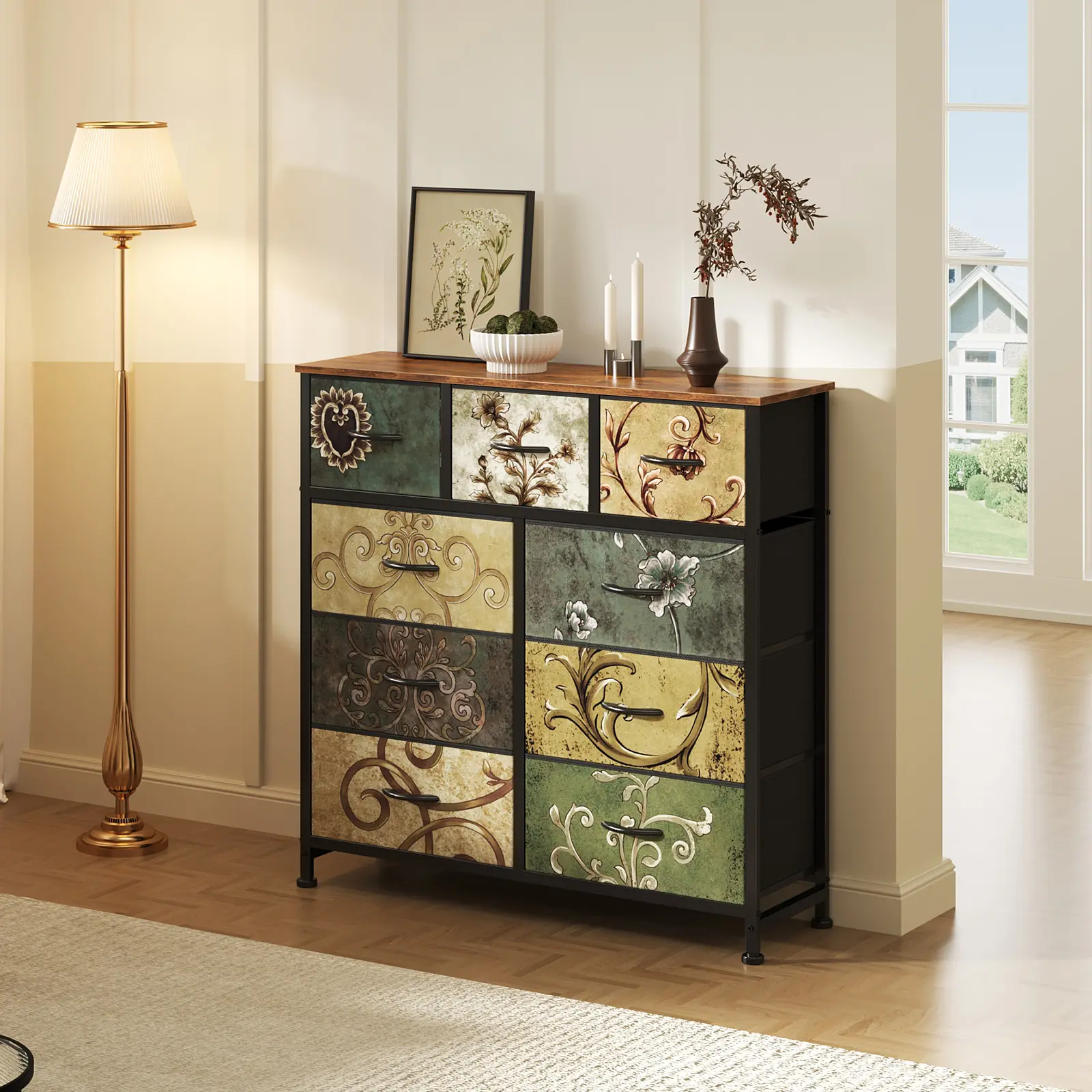 Versatile Fabric Storage Tower with Wood Top – Tall Entryway & Hallway Organizer, Sturdy Steel Frame Drawer Cabinet with Floral Detail, Available in 4/5/7/8/9 Drawers
