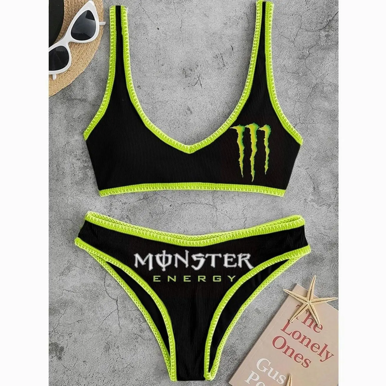 Monster Energy Casual Beach Cute Color Contrast Print Bikini Set 7DQ U8I