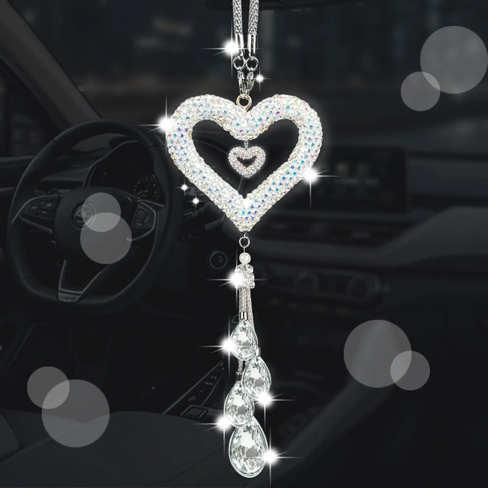 Heart-Shaped Rhinestone Car Pendant, Sparkling Rearview Mirror Charm, Tassel Crystal Design, Three Colors Available, Sparkling Car Accessories, Women's Car Decor, Car Interior Decoration, Car Ornament