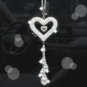 Heart-Shaped Rhinestone Car Pendant, Luxurious Sparkling Rearview Mirror Charm, Tassel Crystal Design, Three Colors Available, Women's Car Decor, Car Interior Decoration