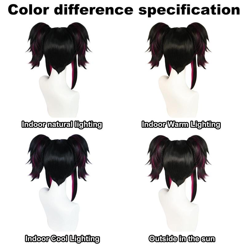 Synthetic Black With Red Double Clip On Ponytails Straight Heat Resistant Han Juri Cosplay Game Anime Character Wig