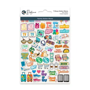 Define Brand Variety Sticker Sheets - 7 Glossy Sheets with 350+ Designs for Planners Journals Notebooks High-Quality Stickers for Everyday Use Taco Tuesday Work Stay Positive Tea Time TV