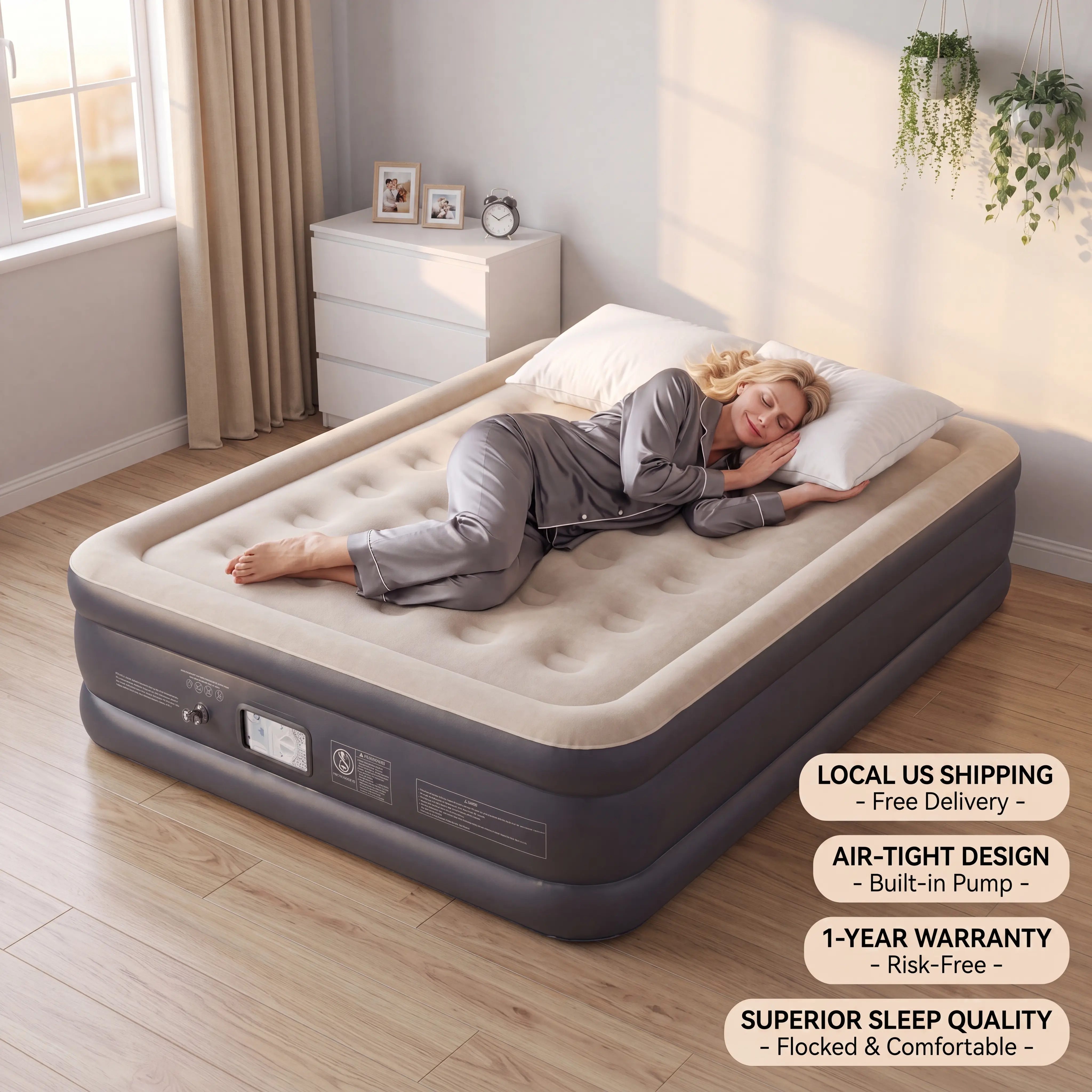 SENNOUL Queen 18 Inch Tall Air Mattress Built-in Quiet Electric Pump, Stable Anti-Sag Coil Support, 0.45mm Thick Flocked Inflatable Bed for Guest Room, Camping & Family Sleepovers, US Local Logistics, Free 1-Year Replacement for Non-Man-Made Damage