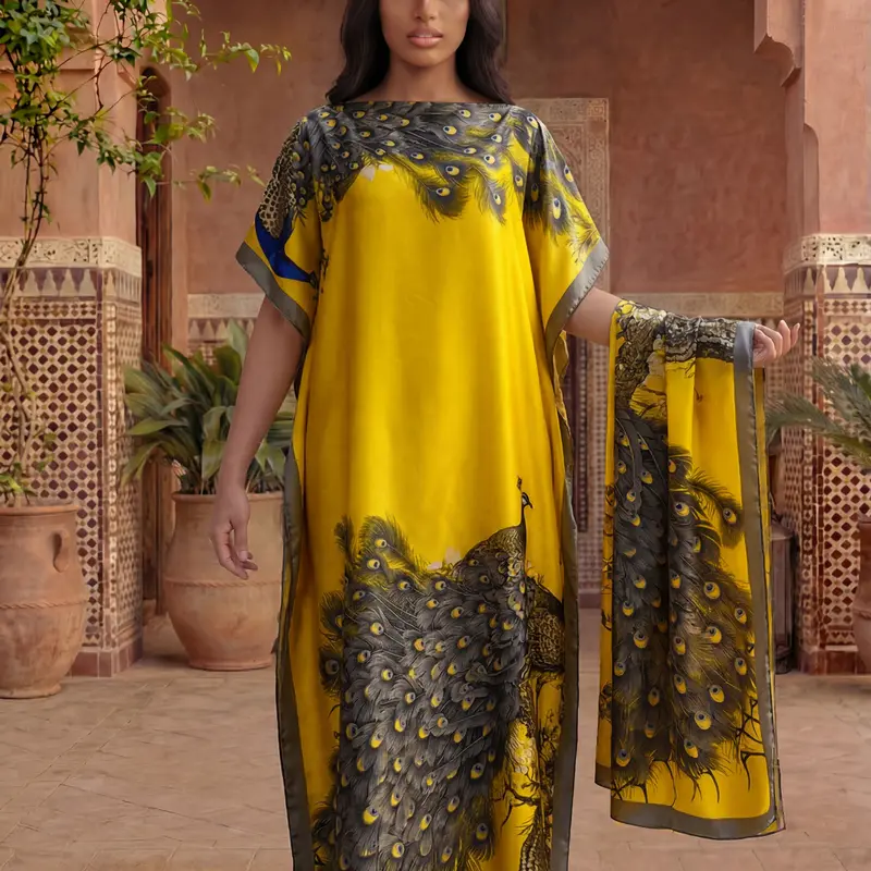 Elegant Animal Print Shawl Set, Kaftan Long Maxi Dress & Scarf Beach Sun Protection, Casual Fitted Style, Matching