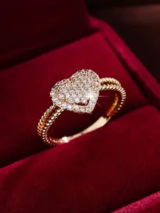 Wedding Ring, Elegant Heart-Shaped Gold Tone Stone Engagement Ring For Women, Sparkling Yellow Gold Copper Alloy Jewelry, Glamorous Love, Birthday Gift, Valentine, Christmas, Mother's Day