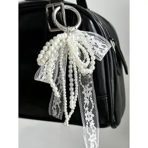 Y2k Cute And Simple Fashion Bead Faux Pearl Bow Bag Pendant,Shiny And Colorful Light,Bow With Colored Flowers,Diy Solid Color Lace With Rivets Faux Pearl Bowknot Pendant Mobile Phone Shell Pendant, Bag Charms