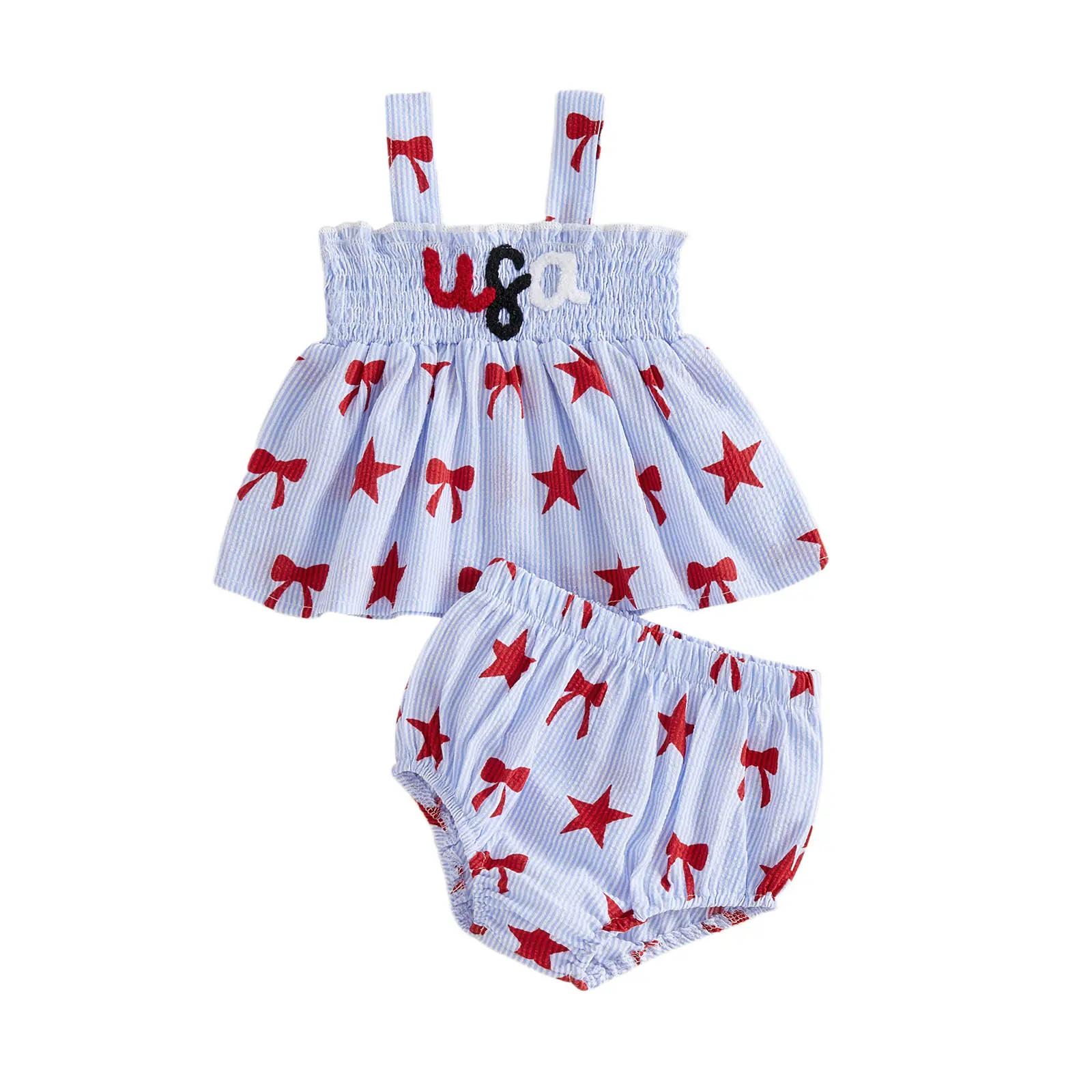 Infant Baby Girl 4th of July Outfit Blue Striped Sleeveless Smocked Tops and Bloomers 2 Piece Set 0-18 Months